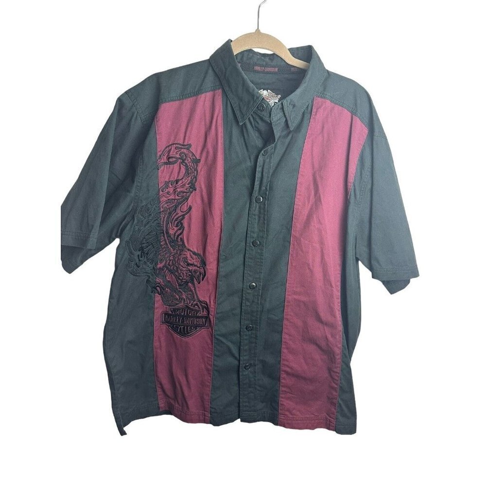 Harley Davidson Retro Stripe Embroidered Eagle Biker Button Shirt Red Black Sz L